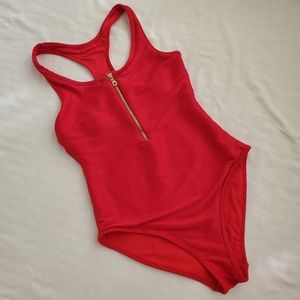 Heidi Klein red one piece swim suit size Medium gold zipper ribbed fabric lined